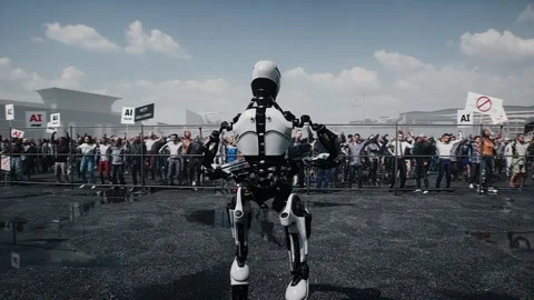 Angry crowd protesting AI near a data center,Robot carrying weapon, anti-AI Stock Footage 336346176