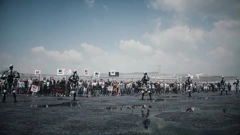 Angry crowd protesting AI near a data center,Robot carrying weapon, anti-AI Stock Footage 336346181