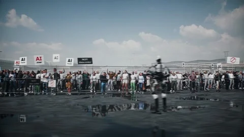 Angry crowd protesting AI near a data center,Robot carrying weapon, anti-AI Stock Footage 336346183