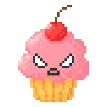 Angry cupcake with cherry berry, evil face kawaii emoji emoticon pixel art Illustrazione stock