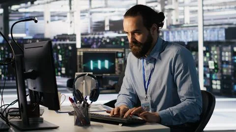 Angry data center engineer banging fist on desk after seeing system failure Stock Photos