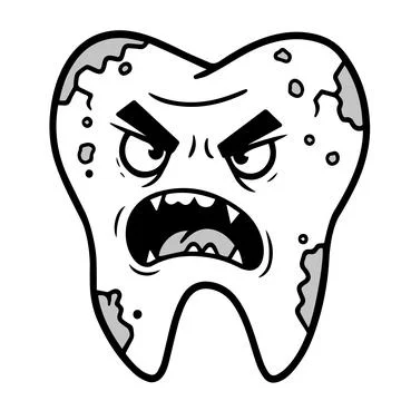 Angry Decayed Tooth Cartoon with Cavities and Sharp Fangs Stock Illustration