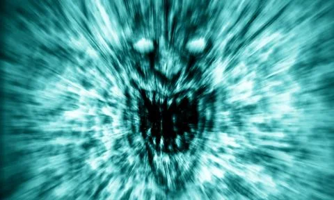 Angry demon face screams in fire. Blue color. Stock Illustration