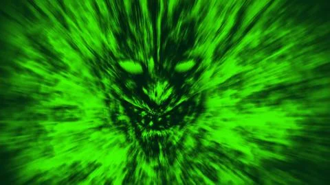 Angry demon face screams in fire. Green color Stock Illustration