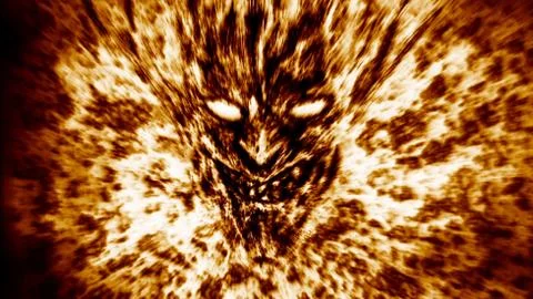 Angry demon face screams in fire. Orange color. Stock Illustration