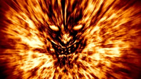 Angry demon face screams in fire. Orange color. Stock Illustration