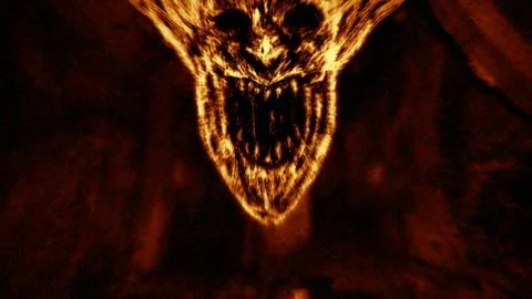 Angry demon face screams in fire. Orange color. Stock Illustration
