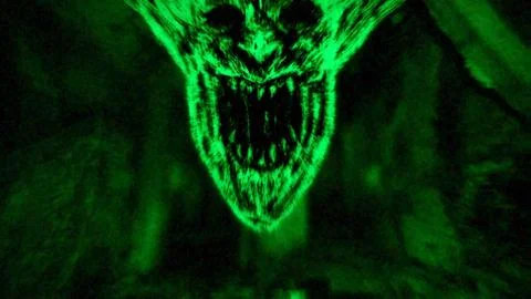 Angry demon face screams in fire. Green color Stock Illustration