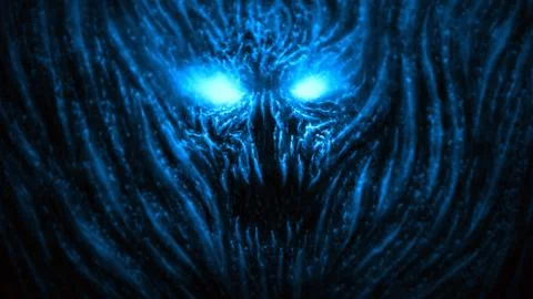 Angry devil face with glowing eyes. Blue background color. Stock Illustration