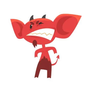 Angry devil standing in threatening pose and showing teeth. Red demon with big Illustrazione stock