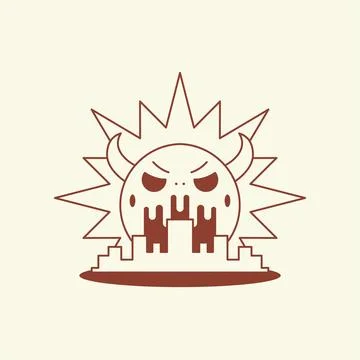 Angry devil sun city landscape cartoon character comic mascot retro 30s anima Illustrazione stock