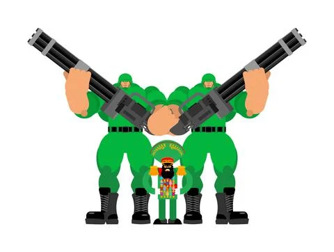 Angry Dictator with army security. evil military ruler. boss with Unlimited P Stock Illustration