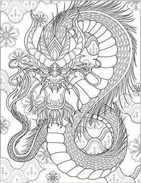 Angry Dragon Facing Front With Long Body And Horns Colorless Line Drawing Stock Illustration