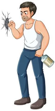 Angry Drunk Man Punching Wall in Cartoon Style Stock Illustration