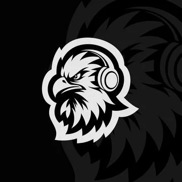 Angry eagle with headphone head mascot animal esport character, black white Stock Illustration