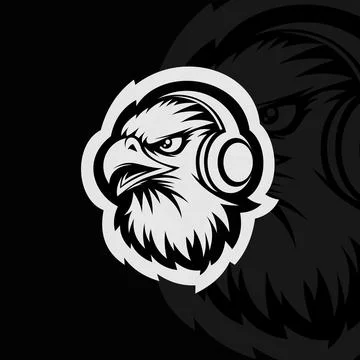 Angry eagle with headphone head mascot animal esport, black white Stock Illustration