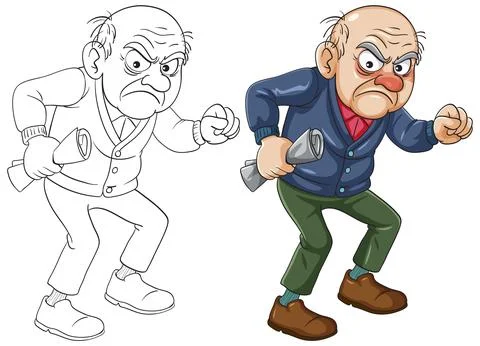 Angry Elderly Man Holding Newspaper in Cartoon Style 库存插图