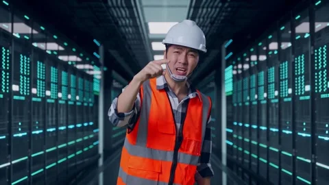 Angry Engineer Shouting At Someone in Data Center Video stock 321992032