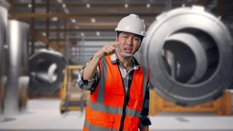Angry Engineer Shouting At Someone at Heavy Factory Stock Footage 340819676