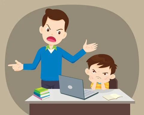 Angry father And Son Using Laptop At Home Stock Illustration