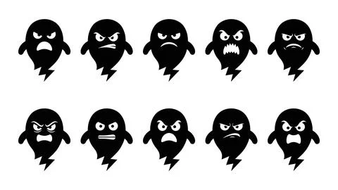 Angry ghost character silhouettes with diverse grumpy facial expressions an.. Stock Illustration