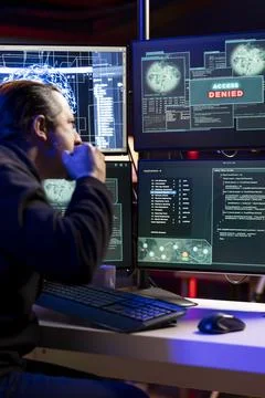 Angry hacker hitting computer display after seeing access denied warning Foto stock