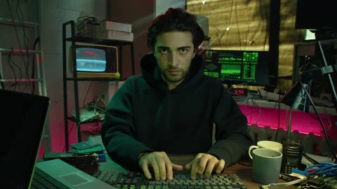 Angry hacker typing on keyboard at night, fail with breaking password, using Stock Footage 158623198