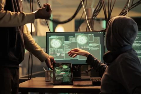 Angry hackers failing to hack computer system online Stock Photos