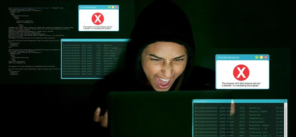 Angry, hacking and hacker man for cyber security, coding software, block server Stockfoto's