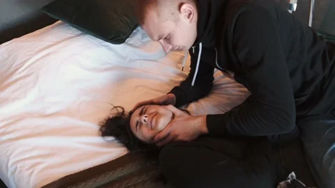 Angry husband beating and choking scared wife at home Stock Footage 150241338