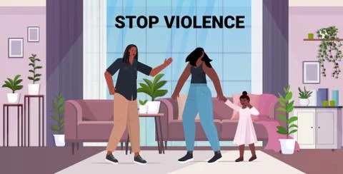 Angry husband punching and hitting wife with daughter stop domestic violence and Stock Illustration