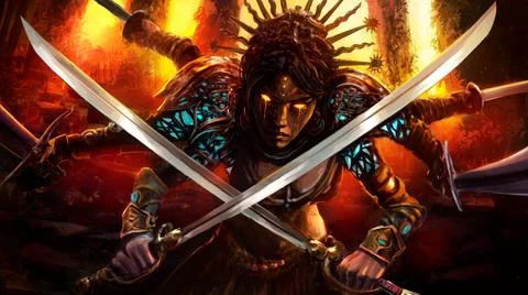 Angry Indian multi-armed goddess Kali with yellow fiery eyes, and swords in e Stock-Illustration