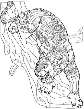 Angry Jaguar On A Tree Branch Showing Fangs Colorless Line Drawing. Large Stock Illustration