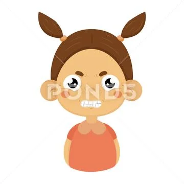 Angry Little Girl Clenching Teeth Flat Cartoon Portrait Emoji Icon With Stock Illustration