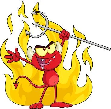 Angry Little Red Devil Cartoon Character Holding A Pitchfork Over Flames Stock Illustration
