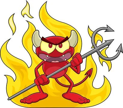 Angry Little Red Devil Cartoon Character Holding A Pitchfork Over Flames Stock Illustration