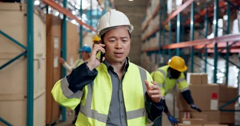 Angry, logistics and phone call with man in storage facility for delivery Stock Footage 335896181