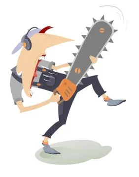 Angry man with chainsaw isolated Stock Illustration