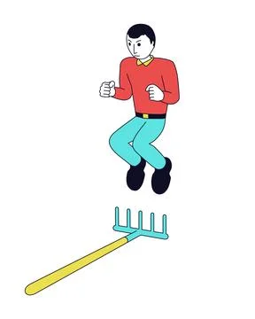 Angry man is jumping on a rake. Stock Illustration