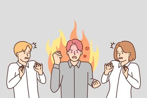 Angry man manager or office worker swears and waves hands scaring colleagues Stock Illustration
