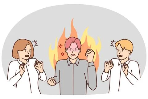 Angry man manager or office worker swears and waves hands scaring colleagues Stock Illustration