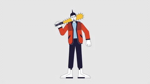 Angry man with mohawk holding spiked bat 2D character animation Stock Footage 327461268