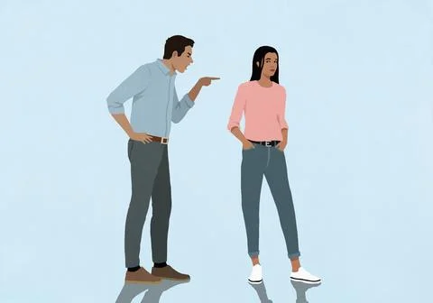 Angry man pointing and accusing worried woman Stock Illustration