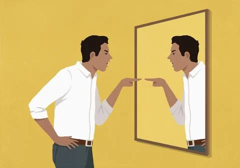 Angry man pointing and arguing at his reflection in mirror against yellow Stock Illustration