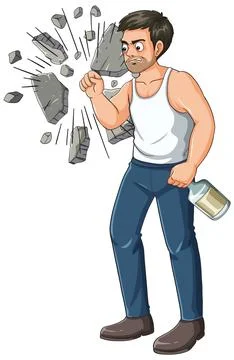 Angry Man Punching Concrete Wall with Bare Fist Stock Illustration