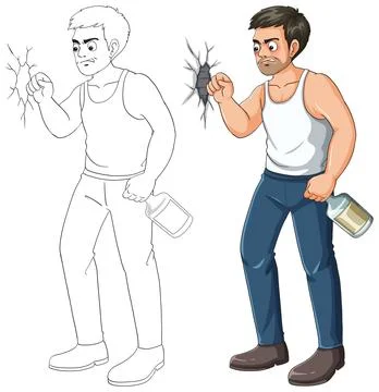Angry Man Punching Wall While Holding Alcohol Bottle Stock Illustration