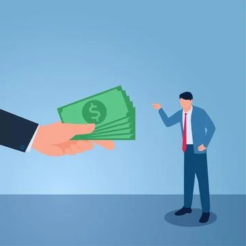Angry man refuses money given by big hand of his boss, illustration for ref.. Illustrazione stock