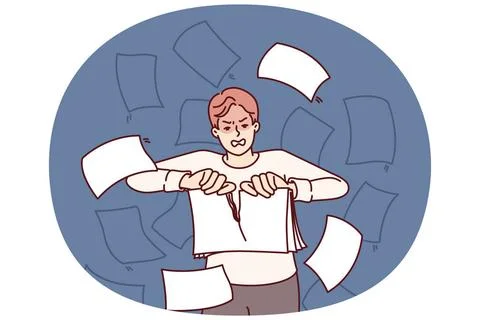 Angry man rips up documents after experiencing burst of aggression due to ... Fotos de archivo