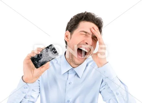 Angry man showing broken smartphone Stock Photos