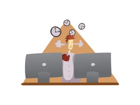 Angry man sits at a table with two computer monitors. Vector illustration on 스톡 일러스트